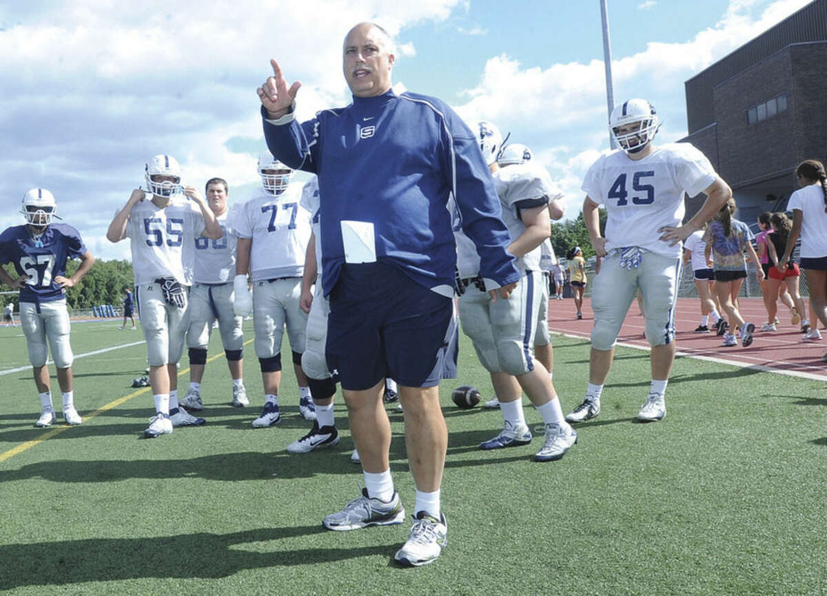 Hour photo/Matthew Vinci Marce Petroccio, the 22-year head football coach at Staples High School, will enter the Connecticut High School Coaches Association Hall of Fame Thursday night at a dinner in Southington.