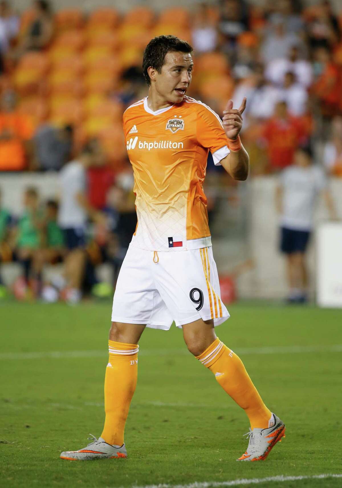 HOUSTON, TX - JULY 25: Erick Torres #9 of the Houston Dynamo walks across the field during their game against the Los Angeles Galaxy at BBVA Compass Stadium on July 25, 2015 in Houston, Texas.