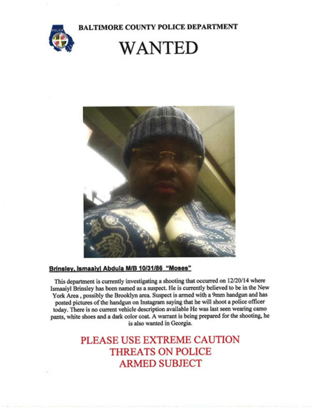 FILE - This file image provided by the Baltimore County Police Department shows a wanted poster of Ismaaiyl Brinsley. After Ismaaiyl Brinsley shot his ex-girlfriend in Baltimore and posted an online death threat against police, investigators in Maryland used cell phone tracking technology to follow his journey to New York City in real time. By contrast, when it came to giving the New York Police Department specifics about Brinsley, the method of communication was markedly low-tech and too late: A wanted flier in a fax machine. (AP Photo/Baltimore County Police Dept., File)