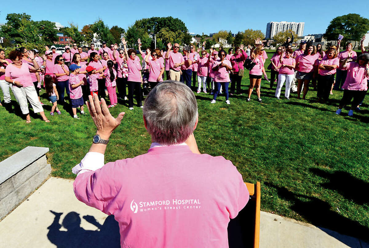Hour photo / Erik Trautmann Local breast cancer survivors and supporters will stand alongside Stamford Mayor David Martin and literally “Paint the Town Pink” in Commons Park at Harbor Point. The event kicks off Stamford Hospital’s month-long annual “Paint the Town Pink” campaign.