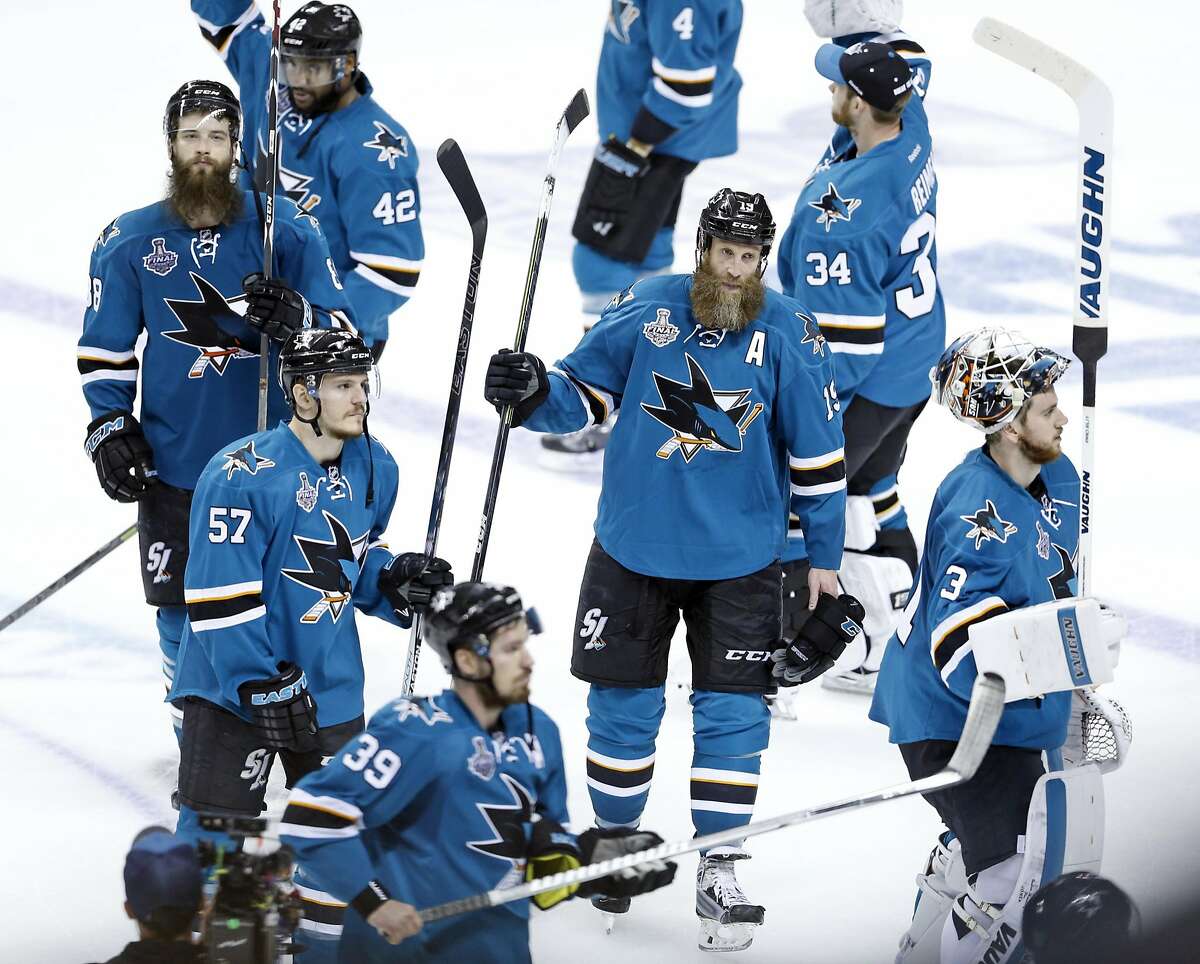 San Jose Sharks' Joe Thornton, left, and Brent Burns (88) during an