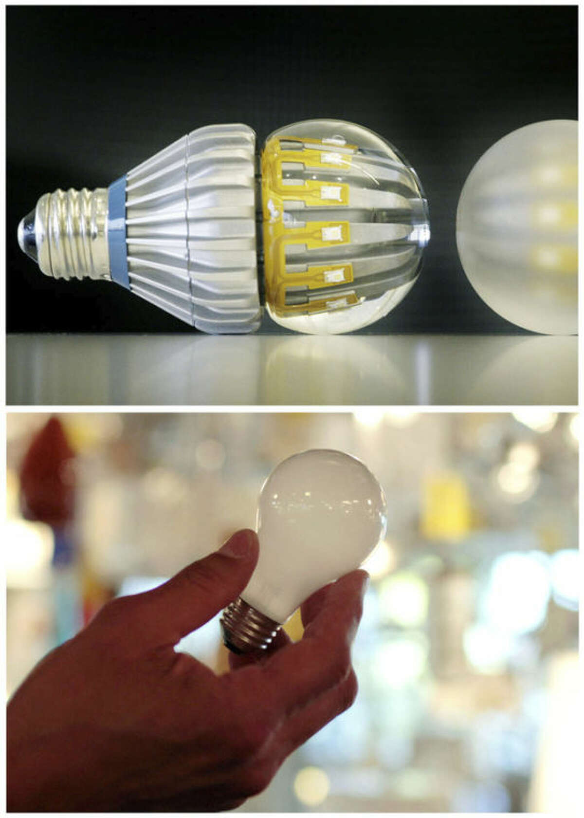 FILE -This combination of Associated Press file photos shows, top, Switch75 light LED bulbs in clear and frosted, on Tuesday, Nov. 8, 2011 in New York and a 100-watt incandescent light bulb at Royal Lighting in Los Angeles on Jan. 21, 2011. LEDs use 70 percent to 80 percent less power than incandescent light bulbs. According to the Energy Department, widespread use of LED bulbs could save the output of the equivalent of 44 large power plants by 2027. (AP Photo/File)