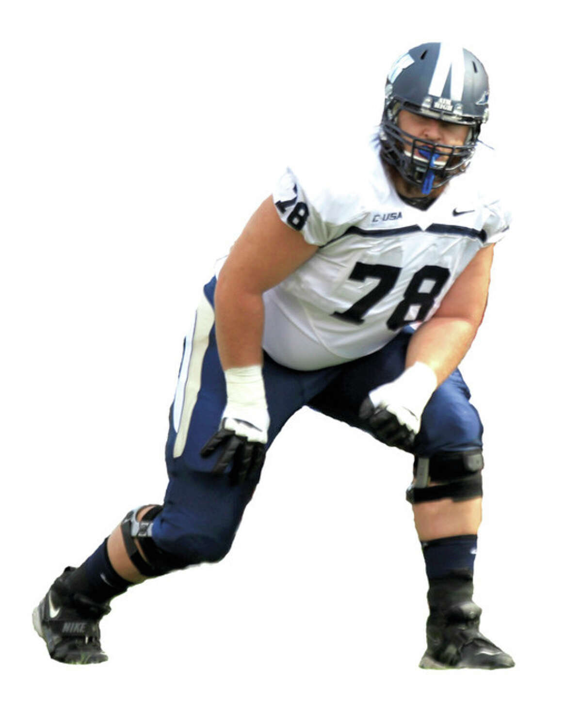 September 7, 2013; College Park, MD, USA; Old Dominion Monarchs offensive lineman D.J. Morrell (78) before the play against the Maryland Terrapins in the first half at Byrd Stadium in Capital One Field in College Park, MD. Mandatory Credit: Brian Schneider-www.ebrianschneider.com