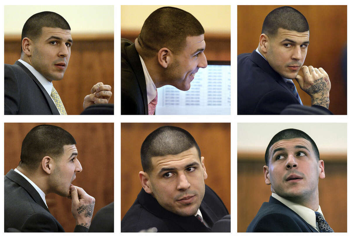 FILE - In this panel of 2015 file photos, former New England Patriots football player Aaron Hernandez sits in court during his murder trial in Fall River, Mass. Hernandez is charged with killing semiprofessional football player Odin Lloyd. Hernandez still flashes swagger and a smile during his trial. For the most part, he has appeared to pay close attention to what happened in the courtroom, even when it was dry and technical. On days when his relatives attend, Hernandez turns on the charm. (AP Photo/Pool, File)