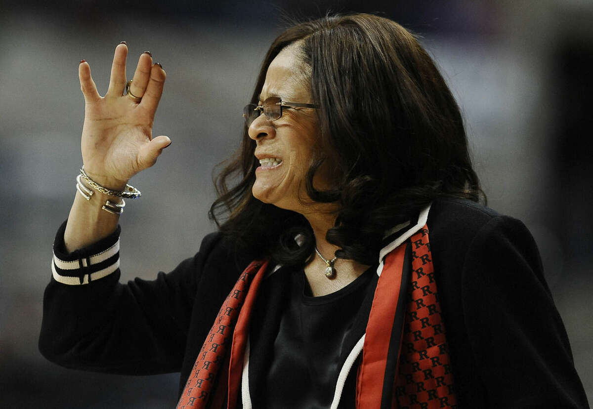 Rutgers head coach C. Vivian Stringer reacts during the first half of a college basketball game against Connecticut in the second round of the NCAA tournament, Monday, March 23, 2015, in Storrs, Conn. (AP Photo/Jessica Hill)
