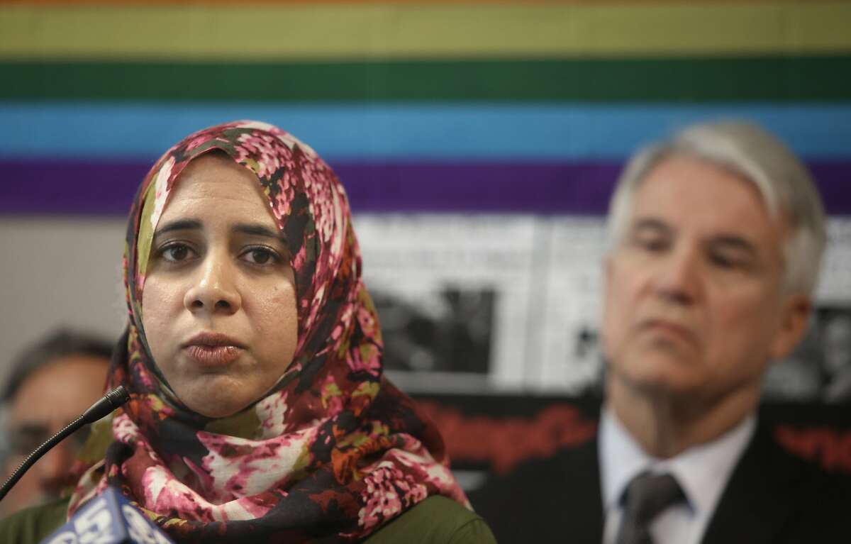 Council on American-Islamic relations executive director Zahra Billoo (left) speaks about gun safety bills in solidarity with other political leaders and gun safety communities during a press conference at the Hiram Johnson State building on Monday, June 13, 2016 in San Francisco, Calif.