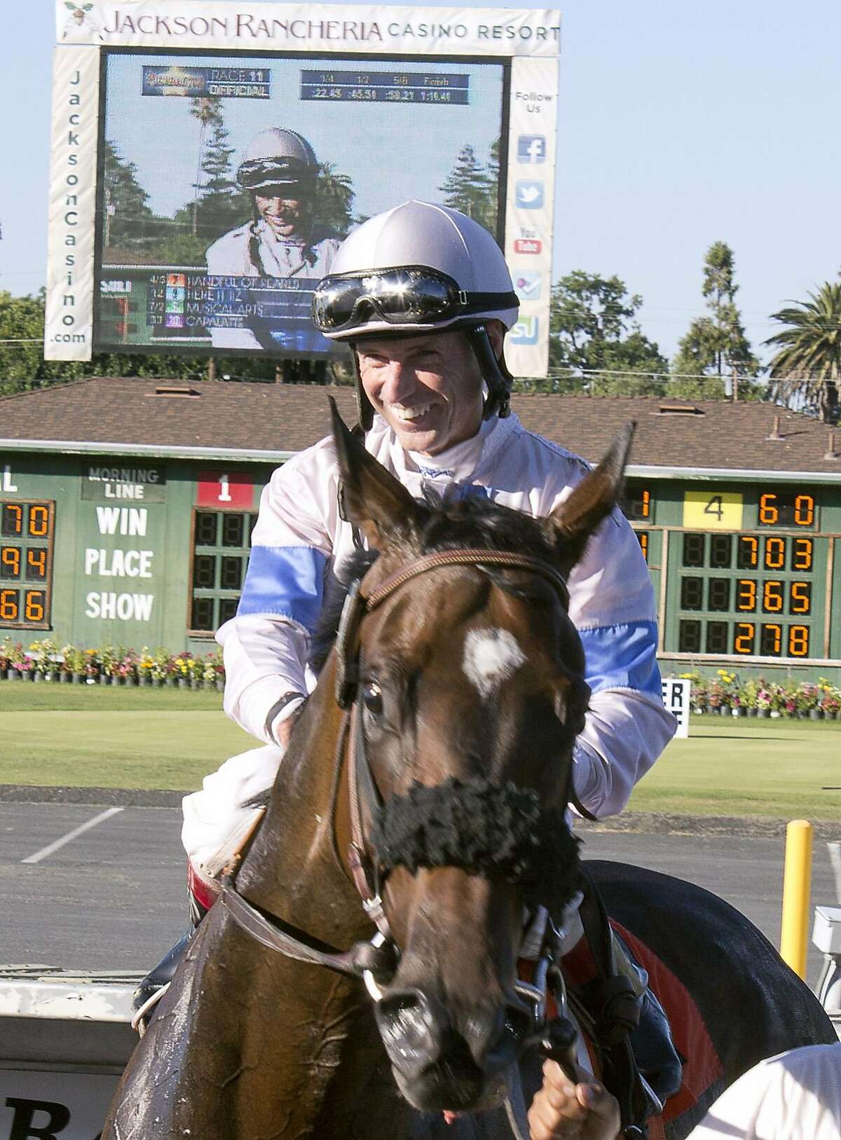 Russell Baze rode "Handful of Pearls" for his 12,000th win in the 11th race at the Alameda County Fairgounds on July 7th, 2013 in Pleasanton, Calif.