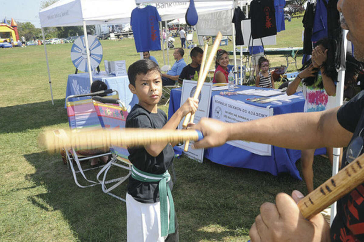 Jake Tejada 9, shows off his skills in Kali and Taekwon-Do at the Taekwon-Do Academy tent. One of the many attractions at the Live Green Connecticut event Saturday. Hour photo/Matthew Vinci