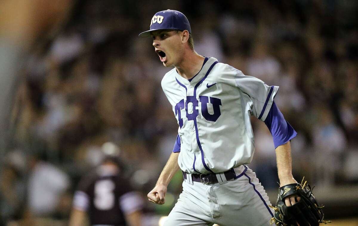 TCU's Brian Howard (44) celebrates after striking out the last Texas A&M batter of the sixth inning of a NCAA college baseball Super Regional tournament game, Sunday, June 12, 2016, in College Station, Texas. (AP Photo/Sam Craft)