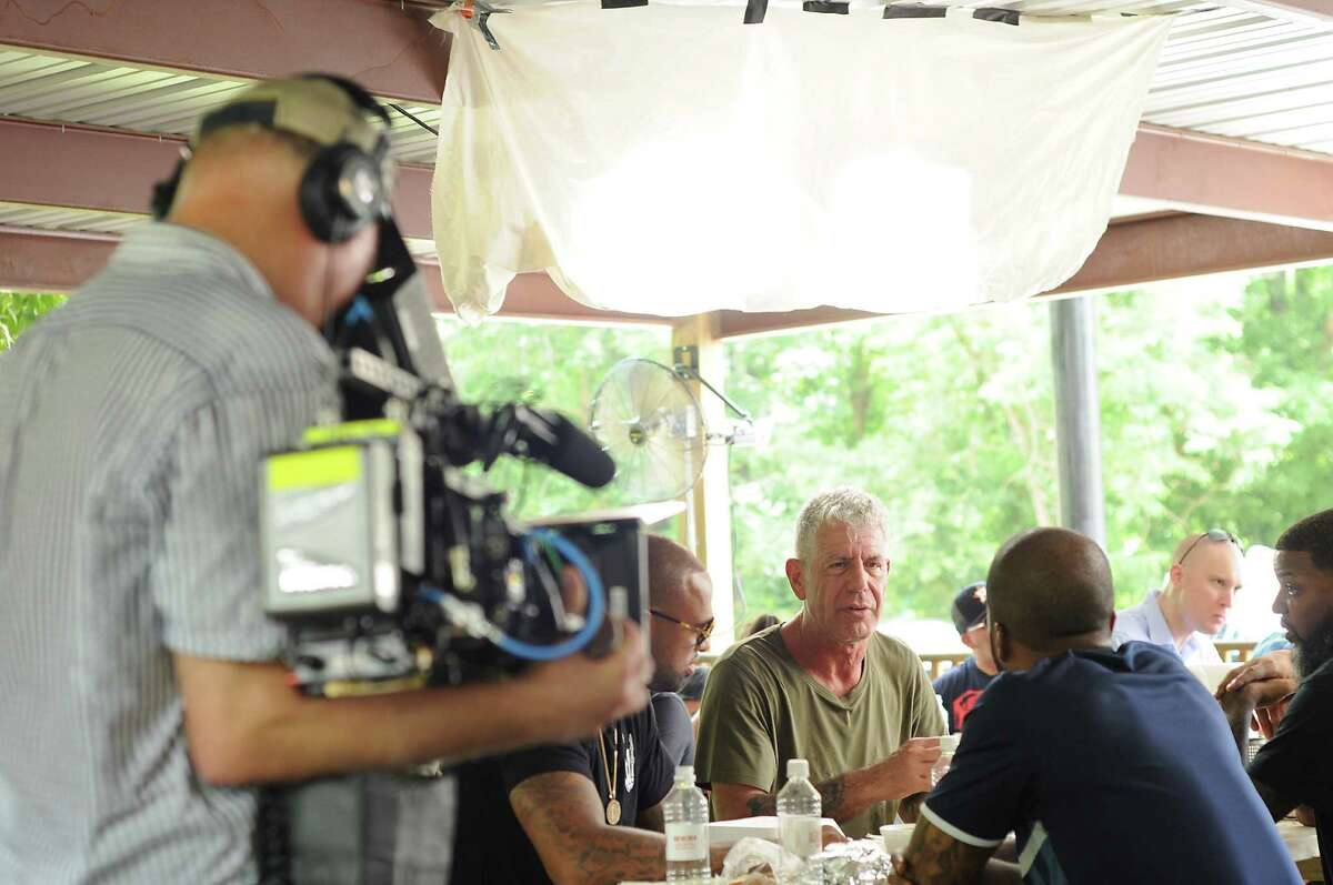 Anthony Bourdain , host of the popular CNN food show "Parts Unknown," was spotted filming his show at Burns Original BBQ in June 2016.
