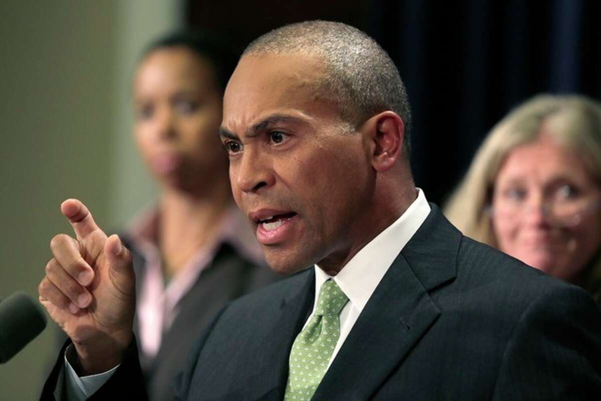 Mass. Gov. Deval Patrick gestures during a news conference regarding the Massachusetts pharmacy responsible for the meningitis outbreak during a news conference at the Statehouse in Boston, Tuesday, Oct. 23, 2012. The outbreak of meningitis, an inflammation of the lining of the brain and spinal cord, has sickened nearly 300 people, including 23 who died, in more than a dozen states. (AP Photo/Charles Krupa)