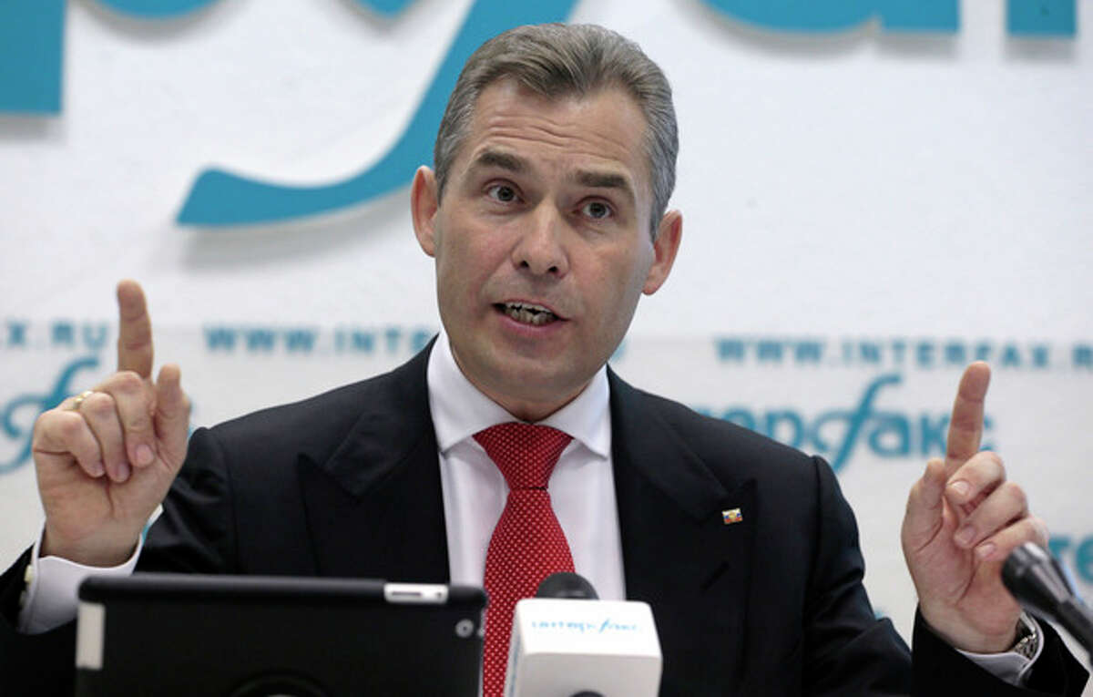 Russia's children rights ombudsman Pavel Astakhov speaks during his news conference in Moscow, Russia, Thursday, Jan. 17, 2013. Astakhov has insisted that American families in legal limbo in their attempts to adopt children will be allowed to take them back to the U.S. (AP Photo/Mikhail Metzel)