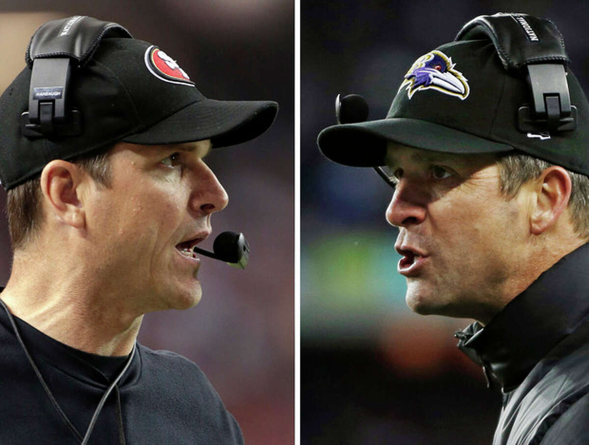 File - In these Sunday, Jan. 20, 2013, file photos, San Francisco 49ers head coach Jim Harbaugh, left, in Atlanta, and Baltimore Ravens head coach John Harbaugh in Foxborough, Mass., coach during their NFL football conference championship games. The entire Harbaugh family already got its Super Bowl victory last Sunday, when each coach did his part to ensure a family reunion in New Orleans next week. The Ravens face off against the 49ers in the first Super Bowl coached by siblings on opposite sidelines.(AP Photos/Mark Humphrey, left, and Matt Slocum, File)