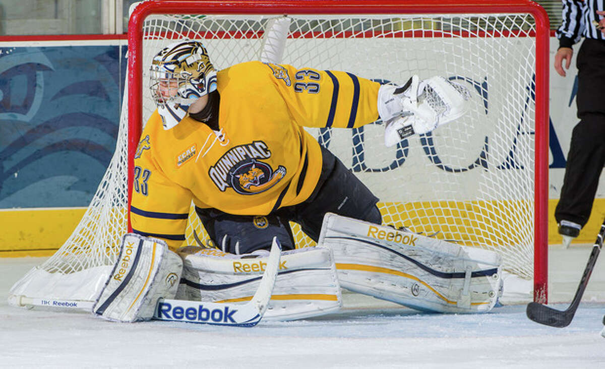 In this Dec. 7, 2012, photo provided by Quinnipiac University, Quinnipiac goalie Eric Hartzell guards the net in a game against Princeton in Hamden. Conn. The Bobcats are 18-3-3, unbeaten in their last 17 games and ranked second in the nation on Jan. 29. Hartzell leads the nation with a goals-against average of 1.46. (AP Photo/Quinnipiac University, John Hassett)
