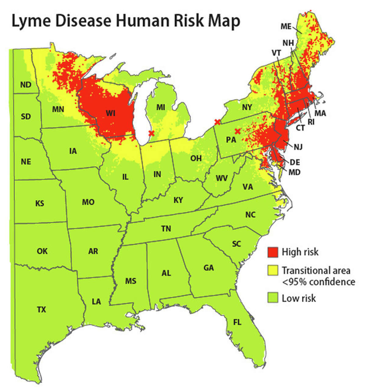 This map released by the Yale School of Public Health on Friday, Feb. 3, 2012 shows a map which indicates areas of the eastern United States where people have the highest risk of contracting Lyme disease based on data from 2004-2007. Researchers dragged sheets of fabric through the woods to snag ticks for the survey. The map shows a clear risk across much of the Northeast, from Maine to northern Virginia. Researchers at Yale University also identified a high-risk region across most of Wisconsin, northern Minnesota and a sliver of northern Illinois. Areas highlighted as "emerging risk" regions include the Illinois-Indiana border, the New York-Vermont border, southwestern Michigan and eastern North Dakota. (AP Graphic/Yale School of Public Health, Maria Diuk-Wasser)