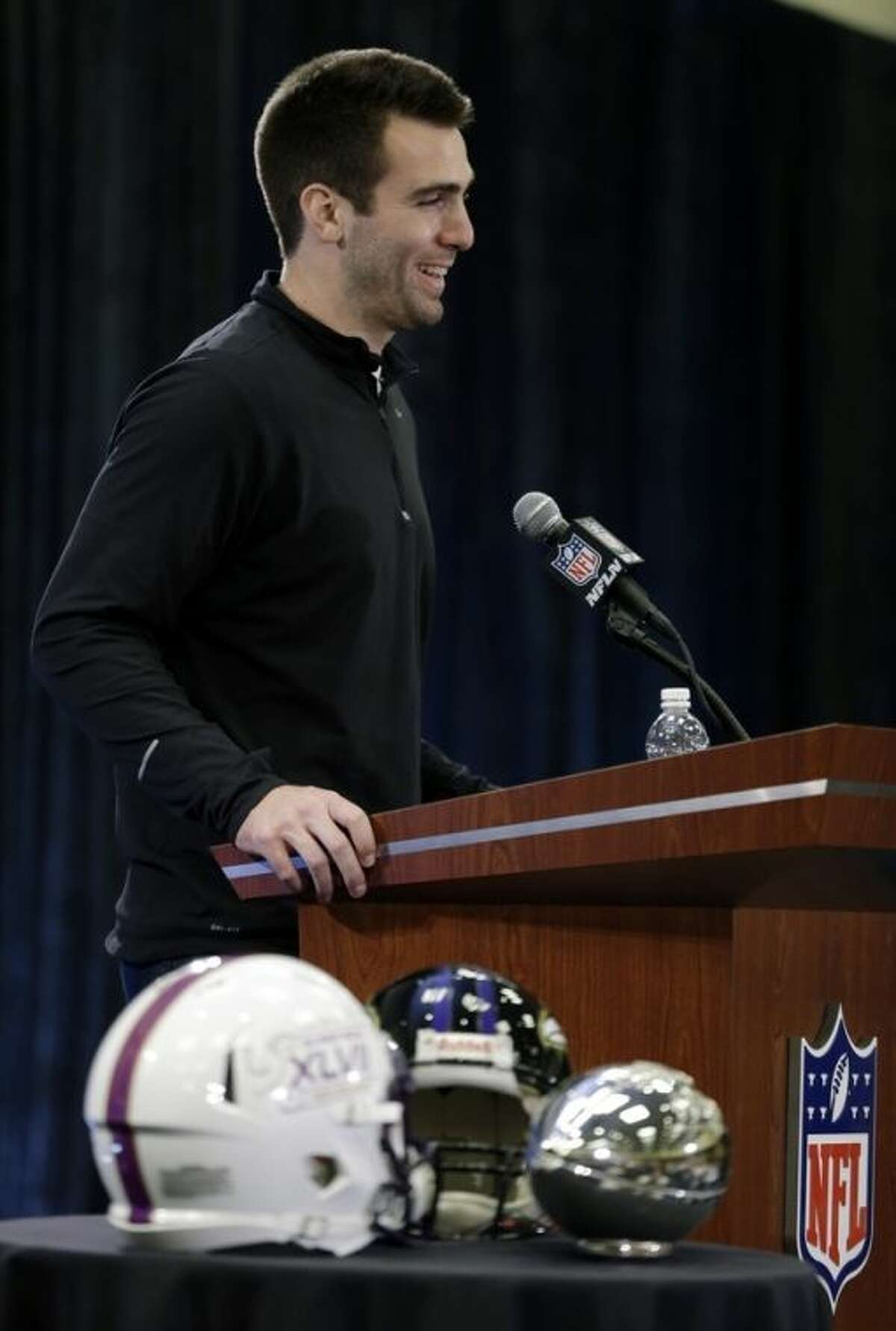 Baltimore Ravens quarterback Joe Flacco speaks during a news conference after NFL Super Bowl XLVII football game Monday, Feb. 4, 2013, in New Orleans. The Ravens defeated the San Francisco 49ers 34-31.(AP Photo/Darron Cummings)