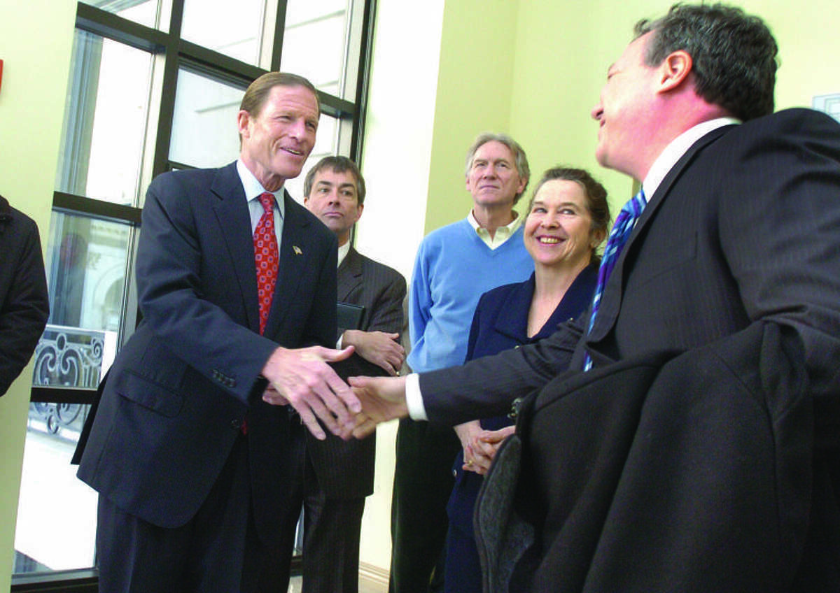 Sen. Richard M. Blumenthal at the Old Toen Hall in Stamord, where he announced that he will conduct a two week walking tour to discuss the economy. 