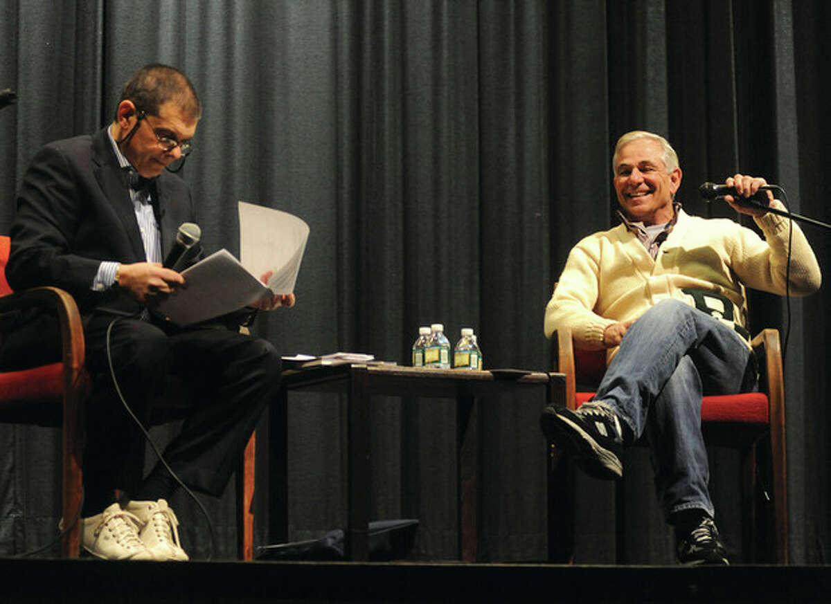 Ed Randall does a question and answer forum with Stamford native and Boston Red Sox manager Bobby Valentine Sunday for the Bat for a Cure event at Rippowam Middle School. photo/Matthew Vinci