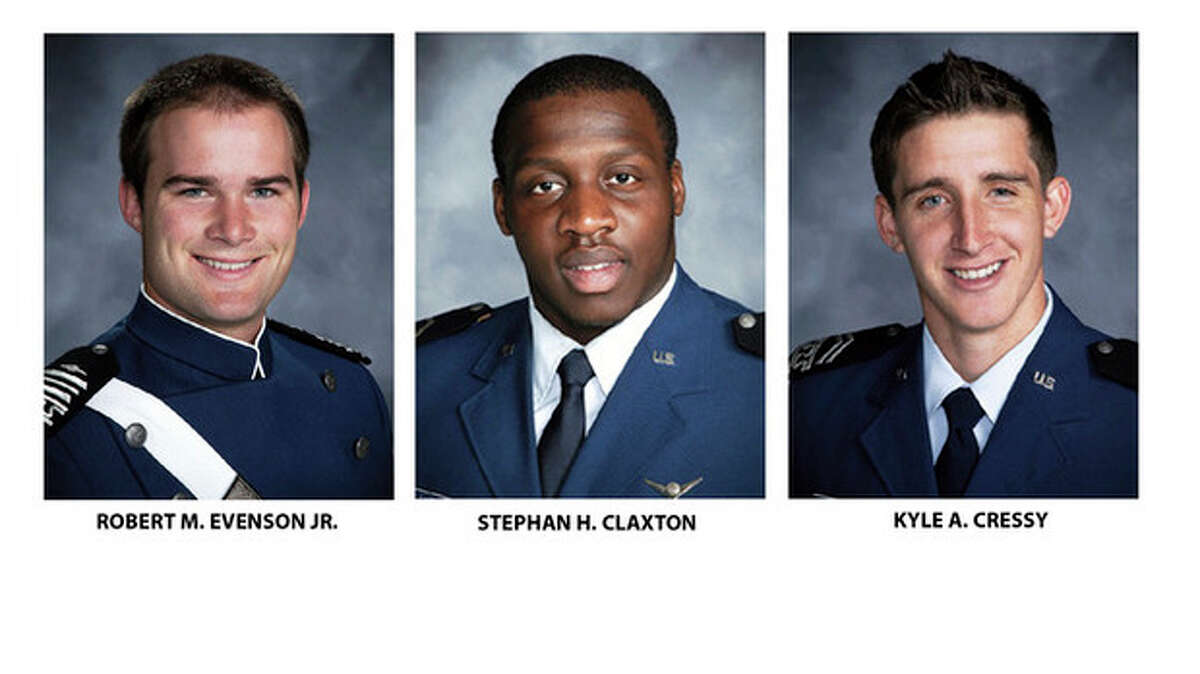 The Air Force Academy provided these undated photos of cadets Robert M. Evenson Jr., left, Stephan H. Claxton and Kyle A. Cressy. All are charged with sexual assault and face hearings in the coming weeks. Nine years after a sexual assault scandal at the Air Force Academy sent shock waves across the military, the Defense Department reported a spike in newly reported assaults at the school and the Air Force filed sex-crime charges against the three cadets. (AP Photo/Air Force Academy)