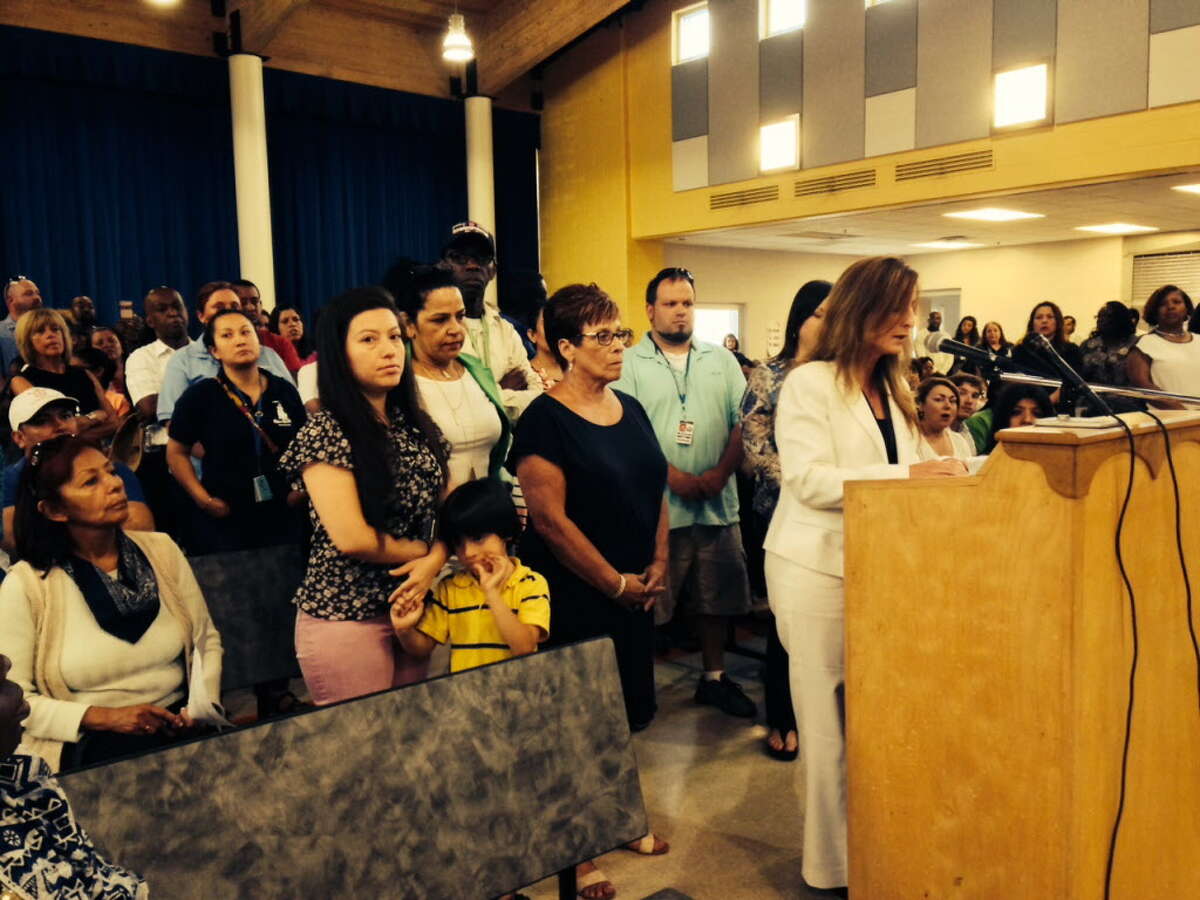 Supporters behind her, Lighthouse Director Tammy Pappa speaks to Bridgeport Board of Education. June 13, 2016