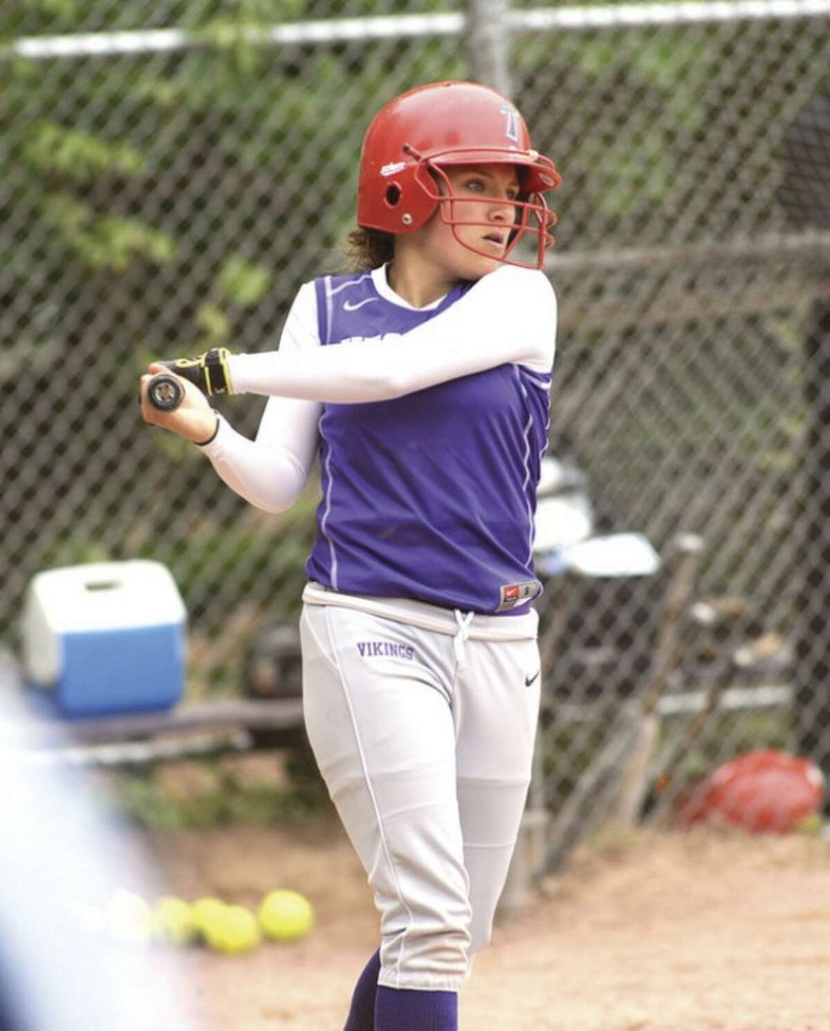 Photo by John Nash Westhill senior Allie Souza takes a cut in the on-deck circle during one of the Vikings' recent games. Souza is the 2012 winner of the Allyson Rioux Scholarship -- an award that was even more special to her because she was named after the late Westhill three-sport standout.