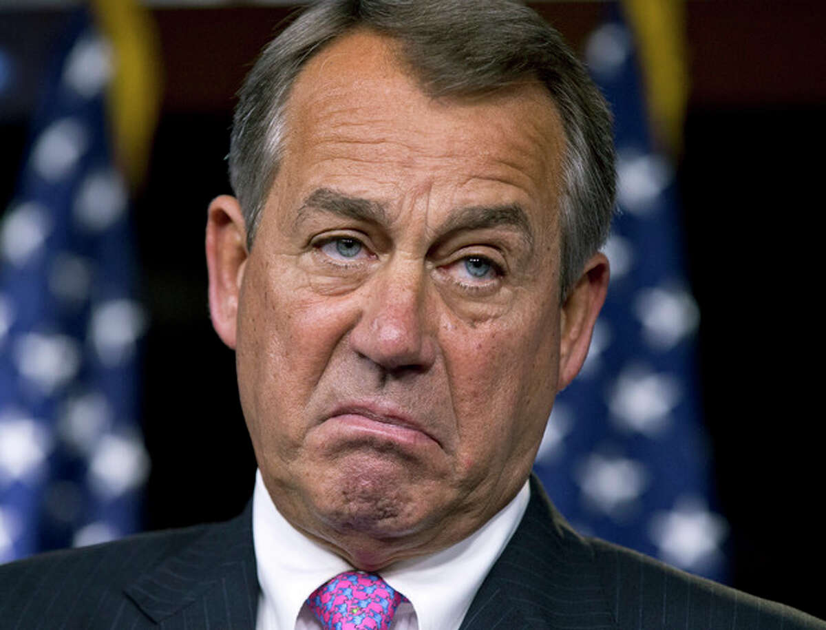 House Speaker John Boehner, R-Ohio, pauses while meeting with reporters during a news conference on Capitol Hill in Washington, Thursday, Feb. 28, 2013, to answer questions about the impending automatic spending cuts that take effect March 1. (AP Photo/J. Scott Applewhite)
