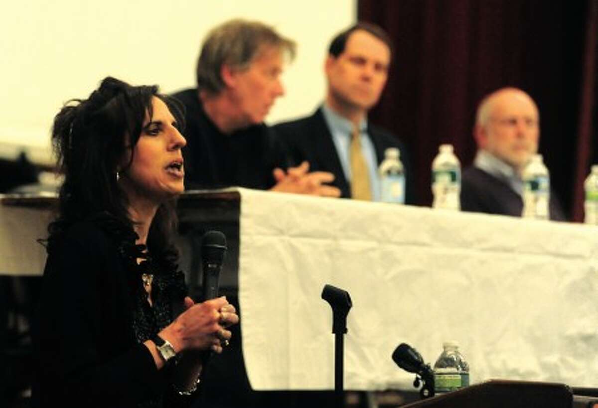 Joyce Sixsmith, substance abuse counselor with the Lower Fairfield County Regional Action Council is the moderator at Stamford High School''s teen substance abuse forum on Tuesday. hour photo/matthew vinci