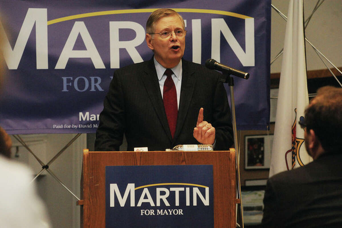 Photo by Matthew Vinci Board of finance member David Martin announces his run for Mayor of Stamford at the Stamford Government Center on Monday.