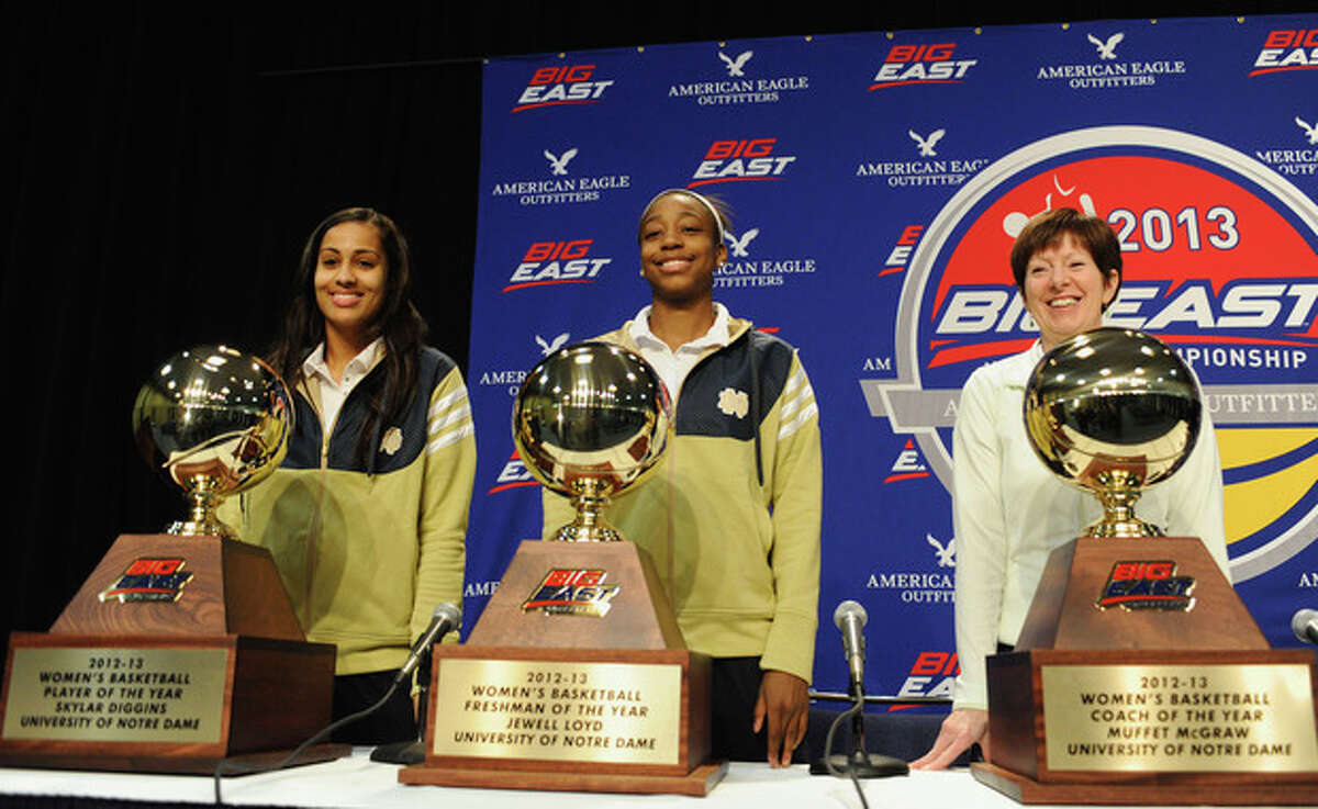 From the left, Notre Dame's Skylar Diggins, poses with the Big East Conference's women's basketball player of the year award. Jewell Loyd with the conference freshman of the year Award, and head coach Muffet McGraw with the conference coach of the year award after a news conference in Hartford, Conn., Friday, March 8, 2013.(AP Photo/Jessica Hill)