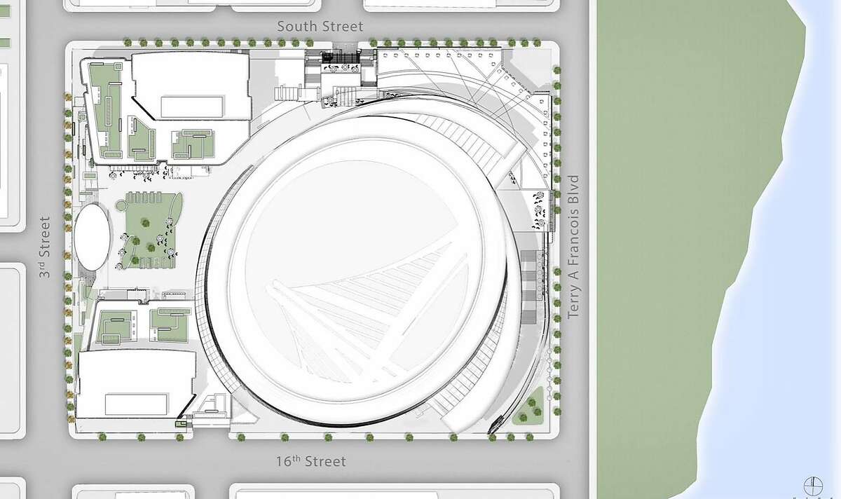 Revised overhead drawing of Golden State Warriors newly planned arena in Mission Bay now has an observation deck that resembles a fin -- not a toilet