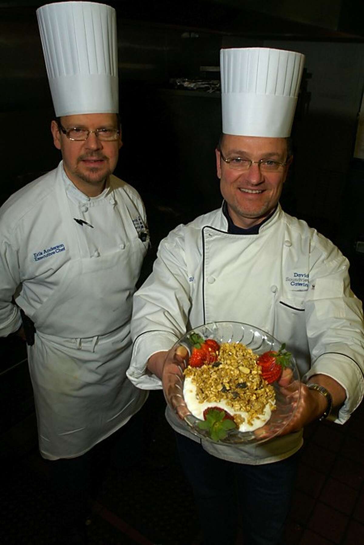 President of David''s Soundview Catering, David Cingari, and Executive Chef, Erik Anderson, prepare for the Maple Syrup Chef Cook-Off at First County Bank in Stamford this Saturday. Hour photo / Erik Trautmann