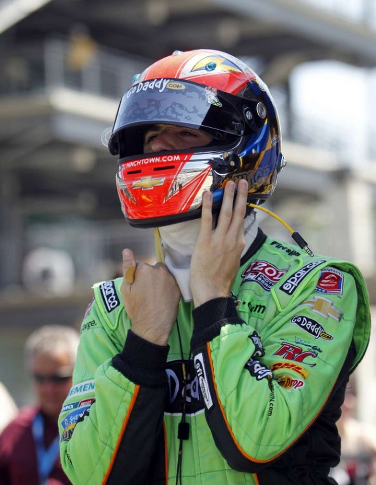 IndyCar driver James Hinchcliffe, of Canada, prepares to drive during practice for the Indianapolis 500 auto race at the Indianapolis Motor Speedway in Indianapolis, Friday, May 18, 2012. (AP Photo/Tom Strattman)