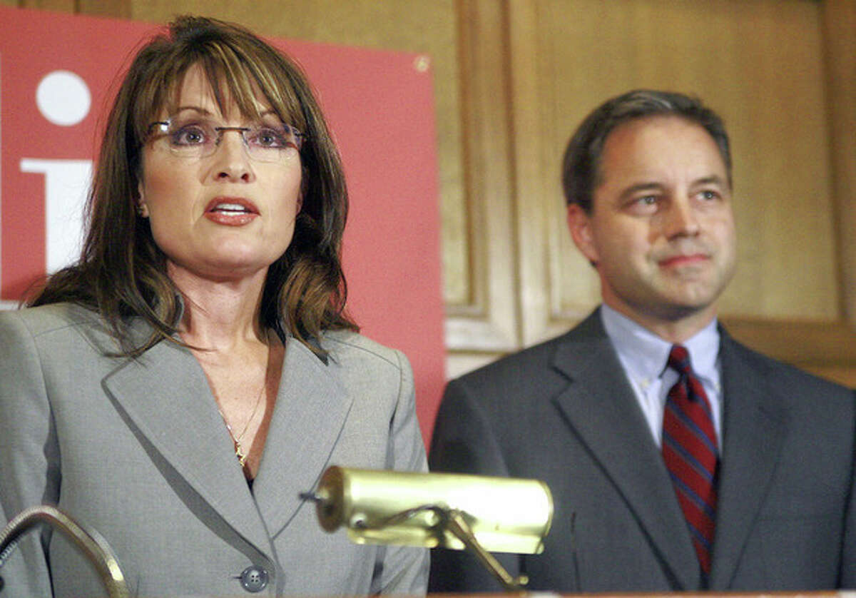 In this Sept. 7, 2006 file photo, former Alaska Governor Sarah Palin, left, stands beside then Republican candidate for lieutenant governor, Sean Parnell, as they talk about their plan for a natural gas pipeline, during a news conference in Anchorage, Alaska. It's deja vu in Alaska, with governor Parnell addressing a high profile gathering of conservatives and making the case for energy independence and the need to tap the oil and gas stores in the state on a national stage. It's exactly what Sarah Palin did four years ago. (AP Photo/ Al Grillo, file)