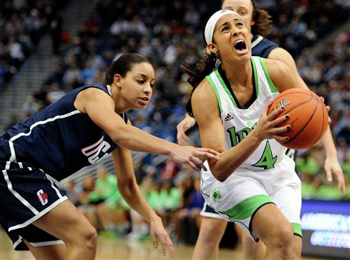 Notre Dame's Skylar Diggins, right, is fouled by Connecticut's Bria Hartley, left, in first half of an NCAA college basketball game in the final of the Big East Conference women's tournament in Hartford, Conn., Tuesday, March 12, 2013. (AP Photo/Jessica Hill)