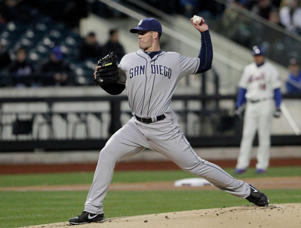 San Diego Padres starting pitcher Clayton Richard works in the first inning of a baseball game against the New York Mets, Wednesday, April 3, 2013, in New York. (AP Photo/Mark Lennihan)