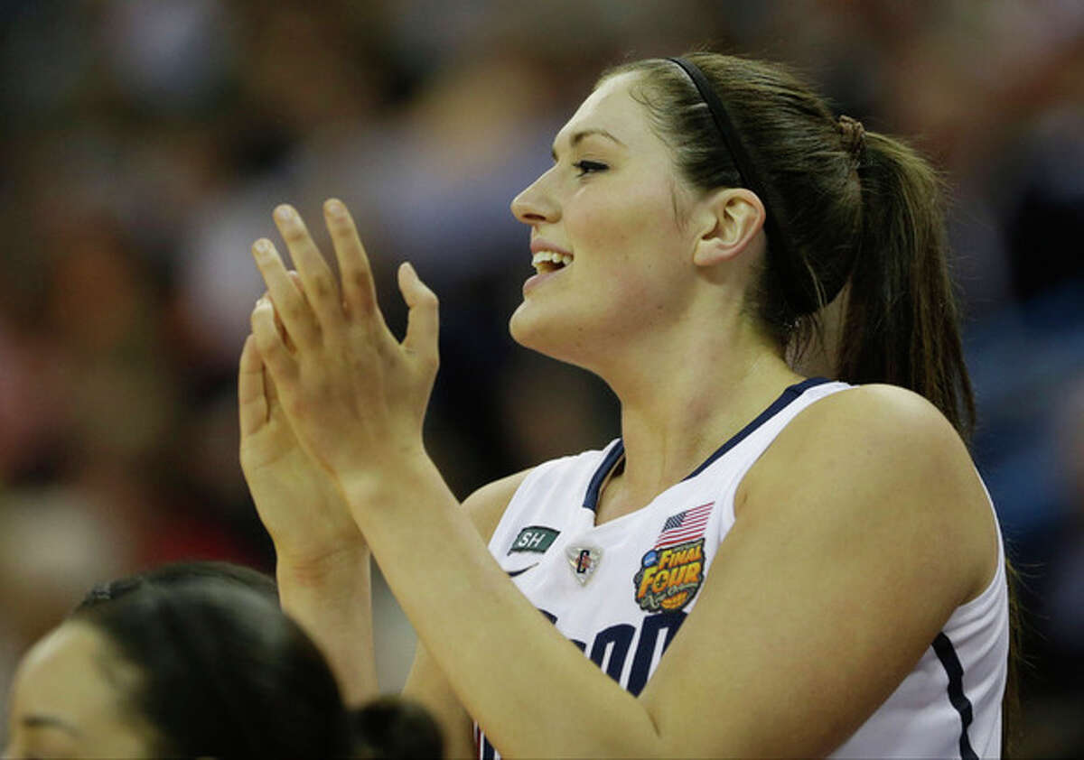 Connecticut center Stefanie Dolson (31) reacts from the bench during first half of the national championship game against Louisville of the women's Final Four of the NCAA college basketball tournament, Tuesday, April 9, 2013, in New Orleans. (AP Photo/Gerald Herbert)