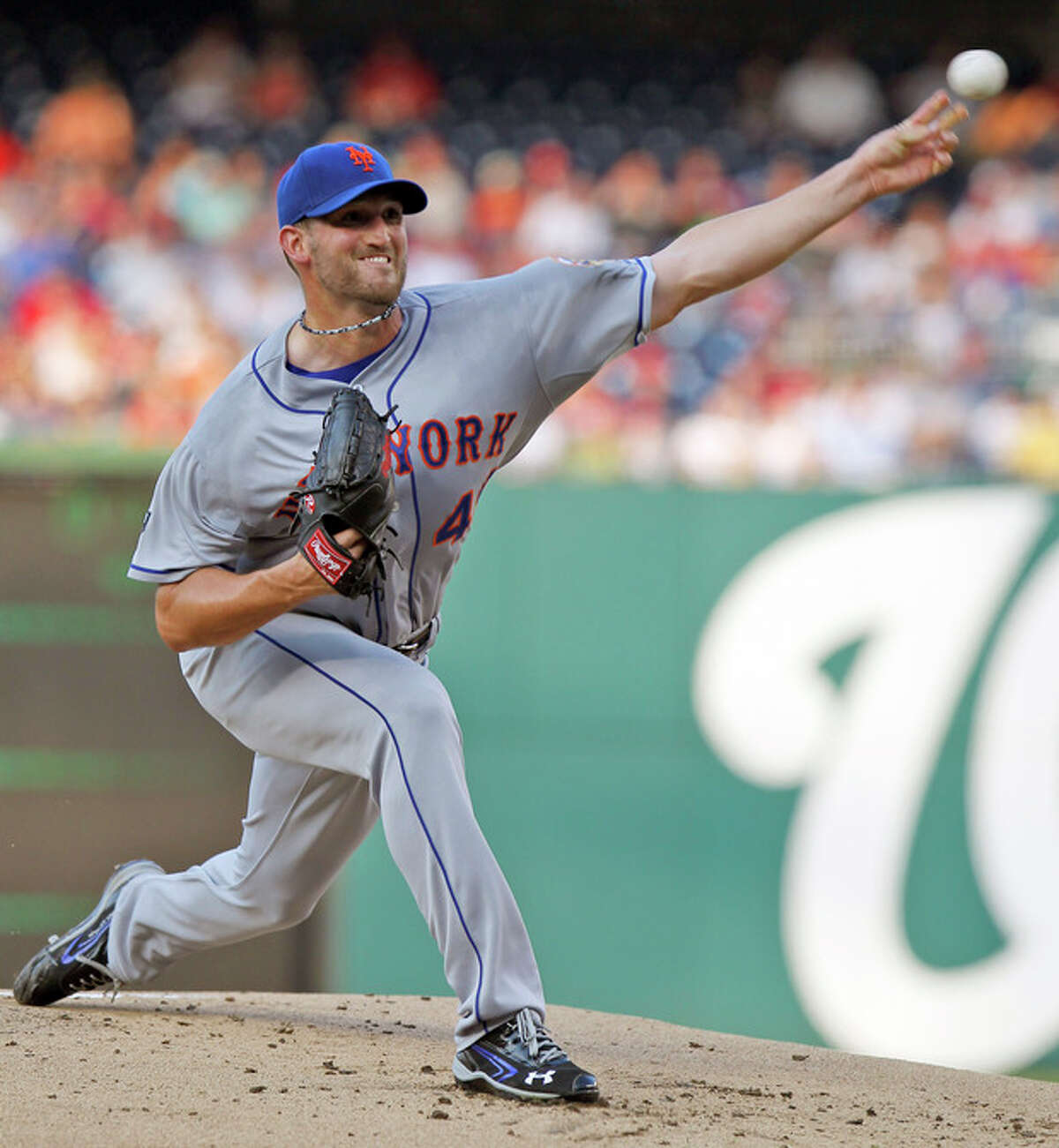 New York Mets starting pitcher Jon Niese throws during the first inning of a baseball game against the Washington Nationals on Tuesday, July 17, 2012, in Washington. (AP Photo/Alex Brandon)