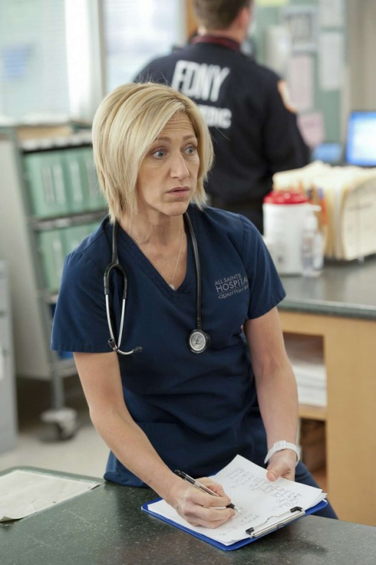 This image released by Showtime shows Edie Falco as Jackie Peyton in an episode of "Nurse Jackie." Falco was nominated for an Emmy award on Thursday, July 19, 2012 for outstanding lead actress in a comedy. series. The 64th annual Primetime Emmy Awards will be presented Sept. 23 at the Nokia Theatre in Los Angeles, hosted by Jimmy Kimmel and airing live on ABC. (AP Photo/Showtime, David M. Russell)