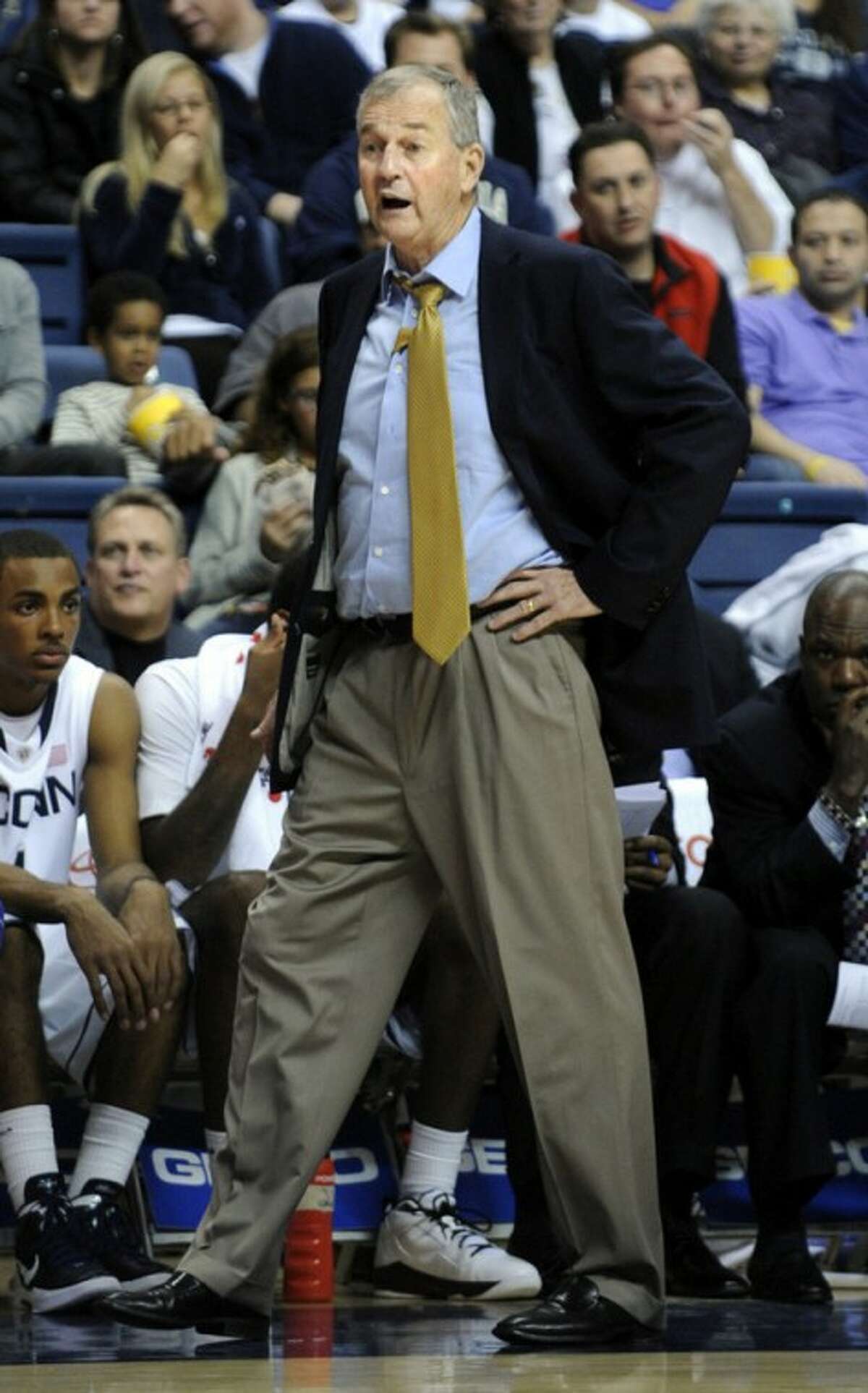 Connecticut coach Jim Calhoun reacts during the second half of his team's 70-57 victory over Columbia during their NCAA college basketball game in Storrs, Conn., on Friday, Nov. 11, 2011. (AP Photo/Fred Beckham)