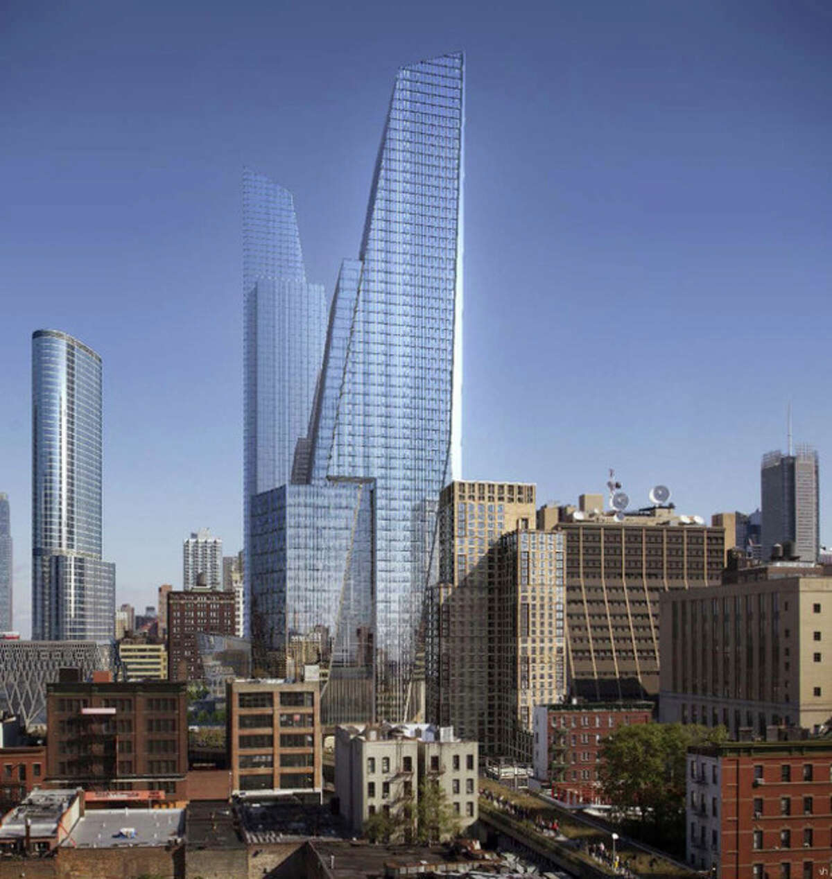 AP Photo/Visualhouse via Related Companies This artist's rendering provided by Visualhouse, via Related Companies, shows the planned Hudson Yards urban village, center, that will start rising soon on the acres of land overlooking the Hudson River.