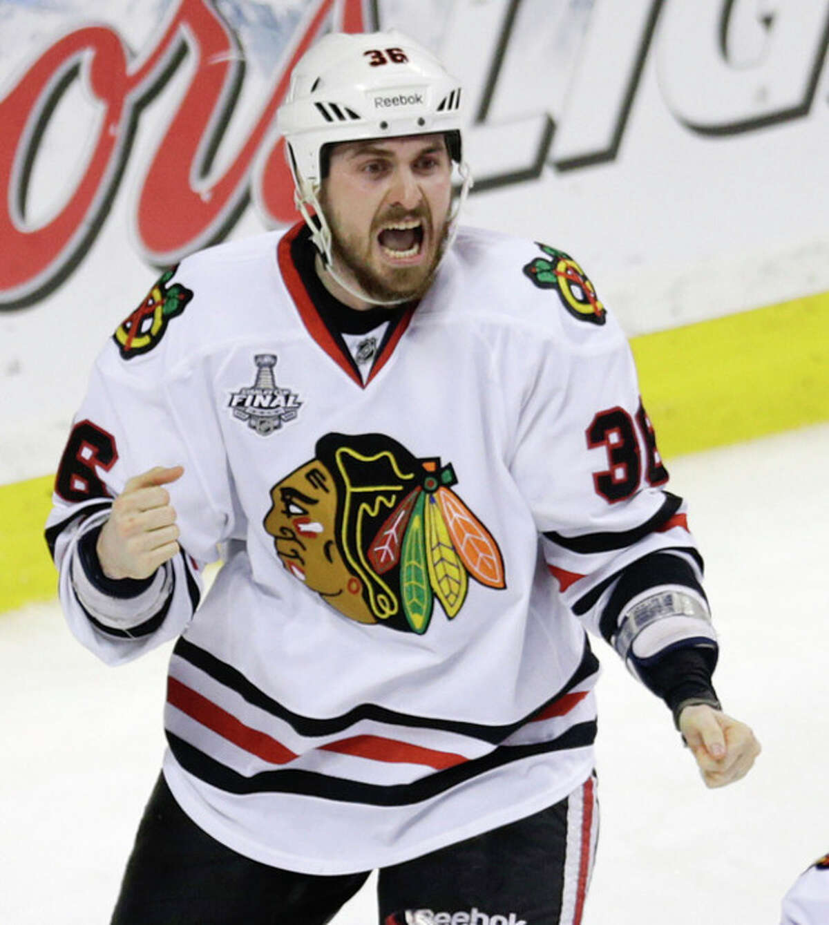 Chicago Blackhawks center Dave Bolland (36) celebrates his game winning goal against the Boston Bruins during the third period in Game 6 of the NHL hockey Stanley Cup Finals, Monday, June 24, 2013, in Boston. The Blackhawks won 3-2. (AP Photo/Charles Krupa)