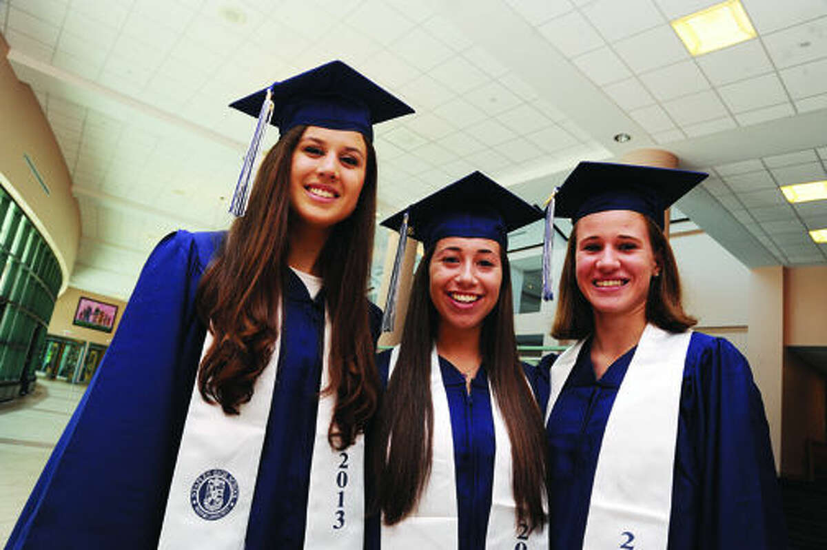 Amanda Giannitti, Sarah Gutman and Emily Troelstra at the Staples High School graduation on Friday. Hour photo/Matthew Vinci