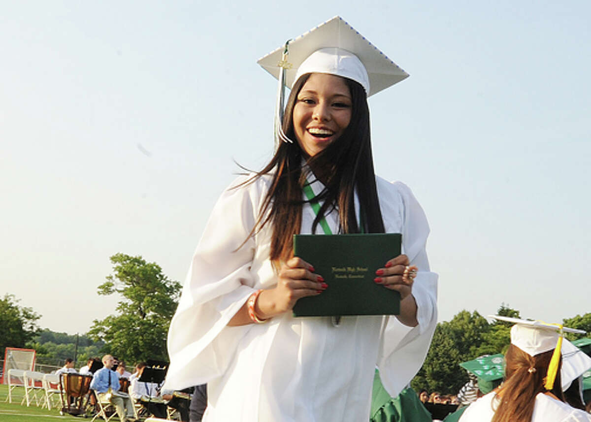 Jessica Jarimillo gets her diploma at the Norwalk High School graduation on Friday. Hour photo/Matthew Vinci