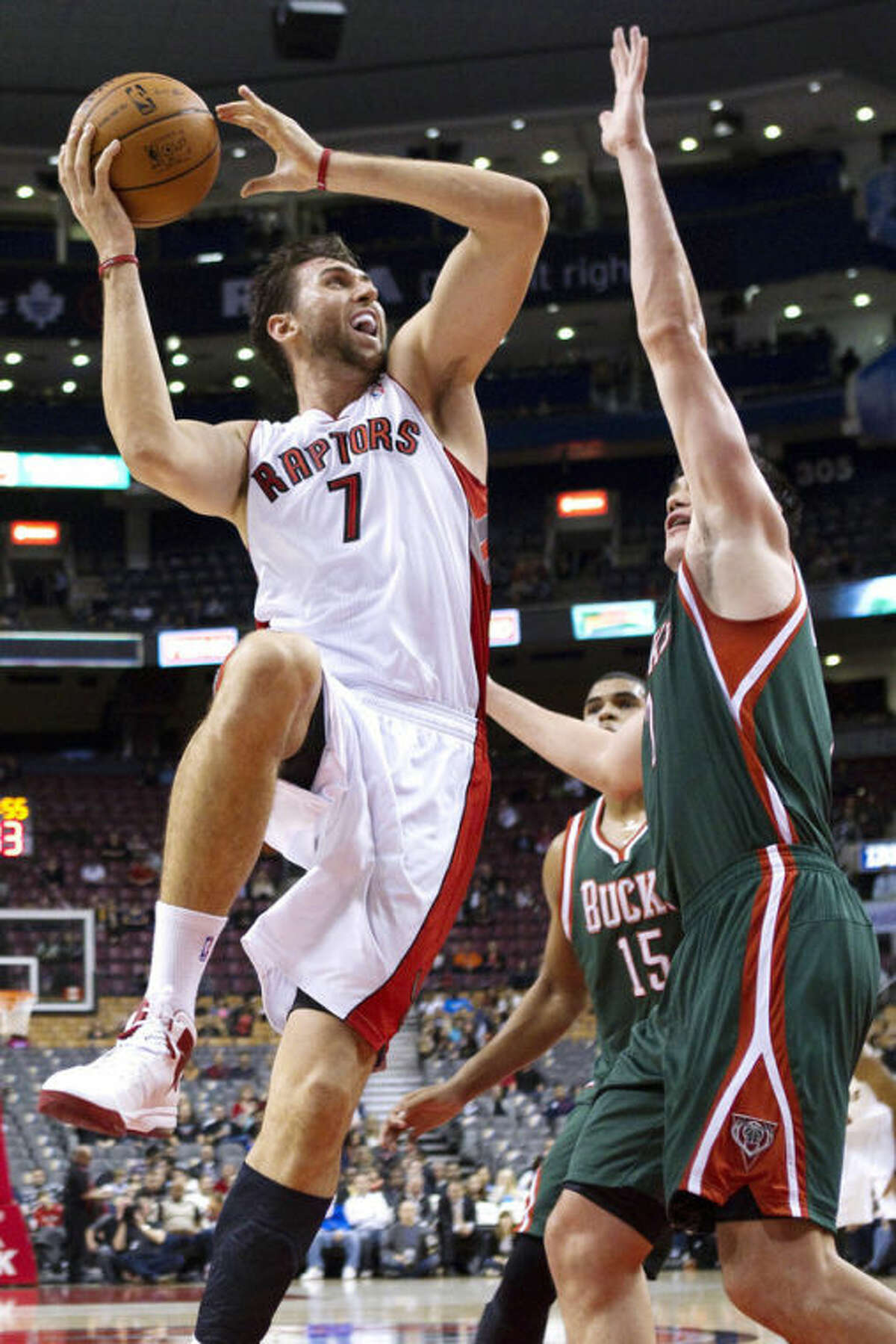 FILE - In this Oct. 22, 2012, file photo, Toronto Raptors' Andrea Bargnani (7) shoots as Milwaukee Bucks' Ersan Ilyasova defends during a preseason NBA basketball game in Toronto. The New York Knicks acquired Bargnani, a former No. 1 overall pick, from Toronto on Wednesday, July 10, 2013, for forwards Steve Novak and Quentin Richardson and center Marcus Camby. The Knicks also sent the Raptors a 2016 first-round draft pick and second-round selections in 2014 and 2017. (AP Photo/The Canadian Press, Chris Young, File)