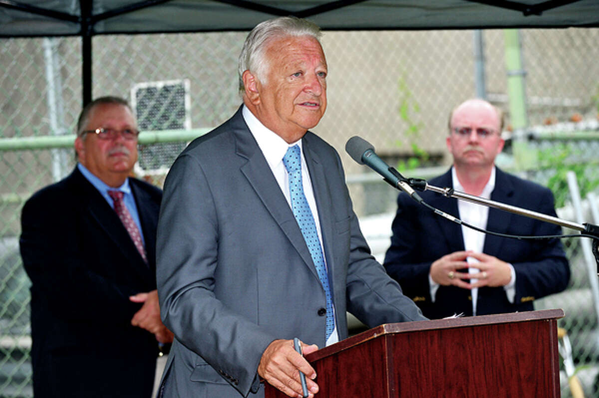 Norwalk Mayor Richard Moccia speaks during the Third Taxing District Electric Department groundbreaking ceremony Thursday for their $8-million substation at 6 Fitch St. in East Norwalk . Hour photo / Erik Trautmann