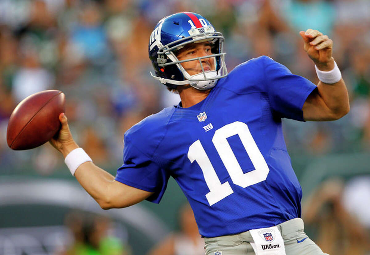New York Giants quarterback Eli Manning throws a pass against the New York Jets during the first half of a preseason NFL football game on Saturday, Aug. 18, 2012, in East Rutherford, N.J. (AP Photo/Rich Schultz)