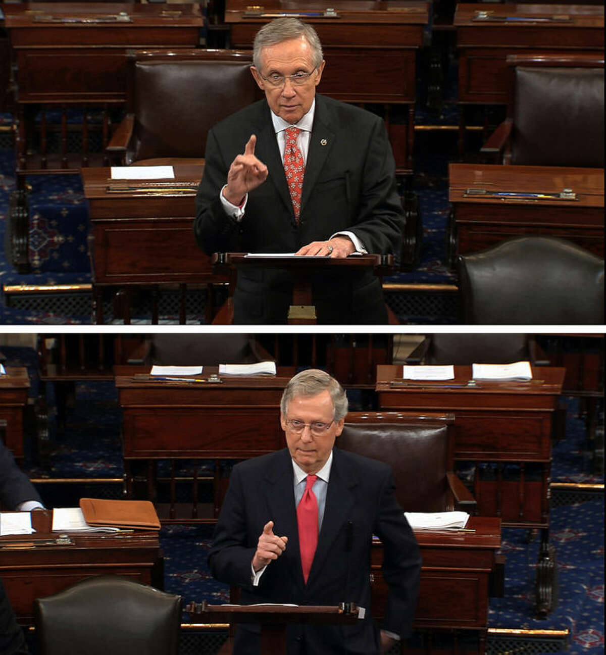 FILE - In this combination of July 11, 2013, file images from Senate Television Majority Leader Harry Reid, D-Nev., top, and Republican leader, Sen. Mitch McConnell, R-Ky., speak on the floor of the Senate on Capitol Hill in Washington. Democrats threatened to change Senate rules unilaterally if Republicans block yes-or-no votes on several of President Barack Obama?•s top-level nominees. Reid accused Republicans of trying to deny Obama the right to have his team in place, and accused McConnell of failing to live up to his commitments to allow votes on all nominees, except under extraordinary circumstances. Moments later, McConnell said Reid was misquoting him and at the same time failing to honor his word not to change the rules of the Senate unilaterally. (AP Photo/Senate TV, Files)