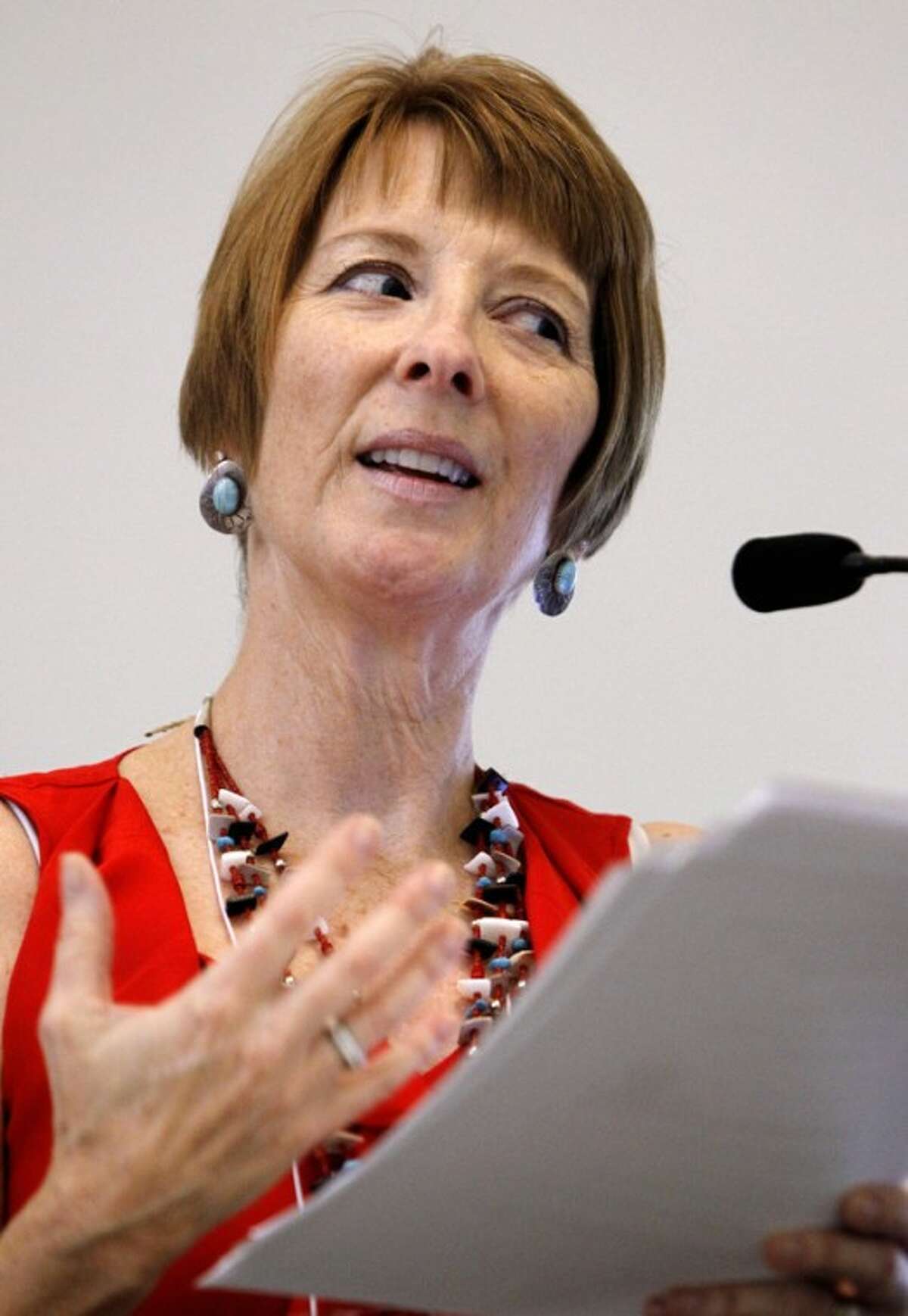 In this July 17, 2012 photo Leslie Cunningham-Sabo, a professor at Colorado State University, speaks at a School Nutrition Association conference in Denver. There are plenty of vegetables and other healthy options on school menus these days. The challenge is getting children to eat them. (AP Photo/Ed Andrieski)