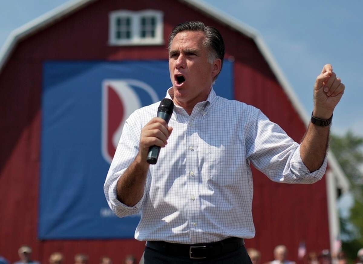 Republican presidential candidate, former Massachusetts Gov. Mitt Romney speaks during a campaign rally with vice presidential running mate Rep. Paul Ryan, R-Wis., on Friday, Aug. 24, 2012 in Commerce, Mich. (AP Photo/Evan Vucci)
