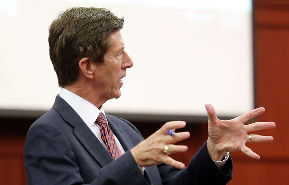 Defense attorney Mark O'Mara questions Sanford, Fla., police officer Chris Serino during the George Zimmerman trial in Seminole circuit court, Tuesday, July 2, 2013 in Sanford. Zimmerman has been charged with second-degree murder for the 2012 shooting death of Trayvon Martin. (AP Photo/Orlando Sentinel, Joe Burbank, Pool)